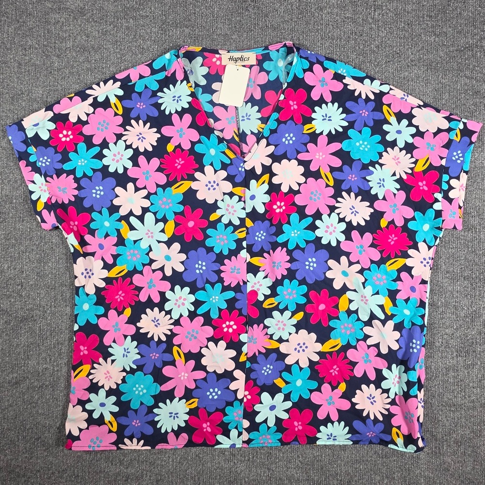 Haptics Holly Harper Floral V Neck Top L Navy Livin In Color HT3013E NEW